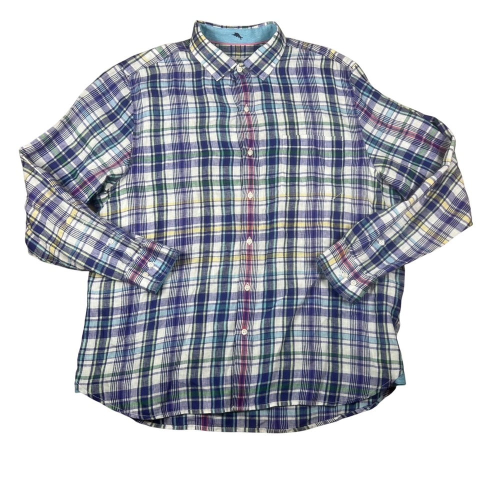 Tommy Bahama Mens 100% Linen 3XL Plaid Button Front Shirt Blue Purple ST324715